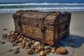 AI generated illustration of wooden chest on sandy beach with rocks