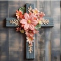 AI generated illustration of A wooden cross decorated with flowers on a rustic wooden table Royalty Free Stock Photo