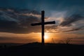 AI generated illustration of a wooden cross silhouetted against a beautiful sunset sky Royalty Free Stock Photo