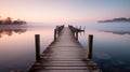 AI generated illustration of a wooden dock in a tranquil lake, illuminated by the sunset Royalty Free Stock Photo
