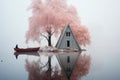 AI generated illustration of a wooden house on an isle with a boat and pink trees in a lake Royalty Free Stock Photo