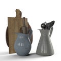 AI generated illustration of wooden kitchen utensils in ceramic jars on a white background