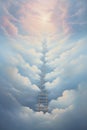 AI generated illustration of a wooden ladder extending up to a sky filled with fluffy white clouds