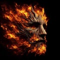 Illustration of a wooden mask with fire around, making scary picture