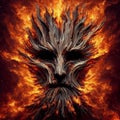 Illustration of a wooden mask with fire around, making scary picture