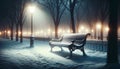 AI generated illustration of a wooden park bench in a tranquil snow-covered setting