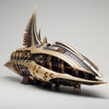 a golden model of a fish made out of wood with the front part of the