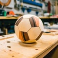 AI generated illustration of a wooden soccer ball on a wooden table