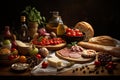 AI generated illustration of a wooden table with an assortment of freshly-prepared foods