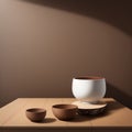 AI generated illustration of A wooden table with a collection of ceramic and wooden bowls