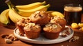 AI generated illustration of a wooden table with freshly-baked banana and peanut muffins