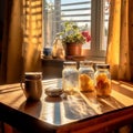 AI generated illustration of a wooden table with glass jars illuminated by the morning sun