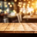 AI generated illustration of a wooden table with the background of a restaurant in a soft focus