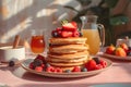 AI-generated illustration of A wooden table with a plate of pancakes and fresh fruit