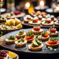 a table full of plates of small appetizers with lemon slices, bread,