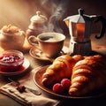 AI generated illustration of a wooden table with a variety of freshly baked croissants