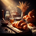 AI generated illustration of a wooden table with a variety of freshly baked croissants