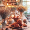 AI generated illustration of a wooden table with a variety of freshly baked croissants