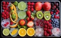 AI generated illustration of a wooden tray with a selection of colorful fruits and ice