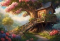 AI generated illustration of a wooden treehouse atop a verdant hillside, surrounded by lush greenery Royalty Free Stock Photo