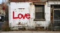 AI generated illustration of word "love" spray-painted onto a brick wall of an abandoned building