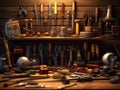 AI generated illustration of a workbench full of woodworking tools in the garage