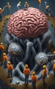 AI generated illustration of workers repairing and fixing a giant human brain