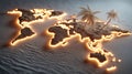 AI-generated Glowing World Map with Palm Trees in Sand Royalty Free Stock Photo