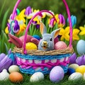 AI generated illustration of a woven basket filled with colorful Easter eggs and bouquet of flowers