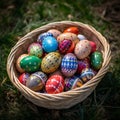 AI generated illustration of a woven basket filled with pastel-hued Easter eggs on the lush grass Royalty Free Stock Photo