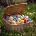 AI generated illustration of a woven basket filled with pastel-hued Easter eggs on the lush grass Royalty Free Stock Photo