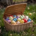 AI generated illustration of a woven basket filled with pastel-hued Easter eggs on the lush grass