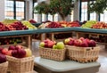 AI generated illustration of woven baskets of fresh apples in a hall