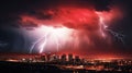 Wrath of God. Red and blue stormy sky with lightnings over a city skyline Royalty Free Stock Photo