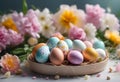 an image of easter eggs sitting in a nest and flowers Royalty Free Stock Photo