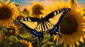 AI generated illustration of a yellow butterfly on the bright sunflowers in a field Royalty Free Stock Photo