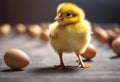 AI generated illustration of a yellow chicken next to a group of eggs in a rustic, wooden room