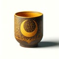 AI generated illustration of a yellow earthenware cup with a crackled pattern and a crescent moon Royalty Free Stock Photo