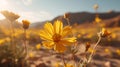 AI generated illustration of yellow flowers illuminated by sunlight in the background