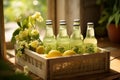 AI generated illustration of yellow lemon juice bottles sitting in a rustic wooden container