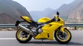 AI generated illustration of a yellow motorbike parked on the side of a road