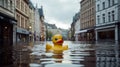 AI generated illustration of a yellow rubber duck on the wet ground of a street flooded with water