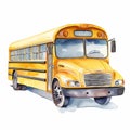 AI generated illustration of a yellow school bus parked on a white background