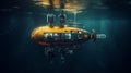 AI generated illustration of a yellow submarine submerged beneath the surface of the blue ocean