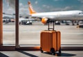 AI generated illustration of a yellow suitcase in front of airport window with jetliners