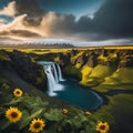 AI generated illustration of yellow sunflowers in the foreground with a majestic waterfall