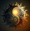 AI-generated illustration of Yin and yang as the night and sunset shaped shining, golden sun