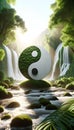 AI generated illustration of the yin-yang shaped rock in front of a cascading waterfall