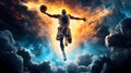 a man in the air with his arms out and holding a basketball