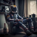 AI generated illustration of a young adult man wearing a racing helmet and a full racing suit Royalty Free Stock Photo